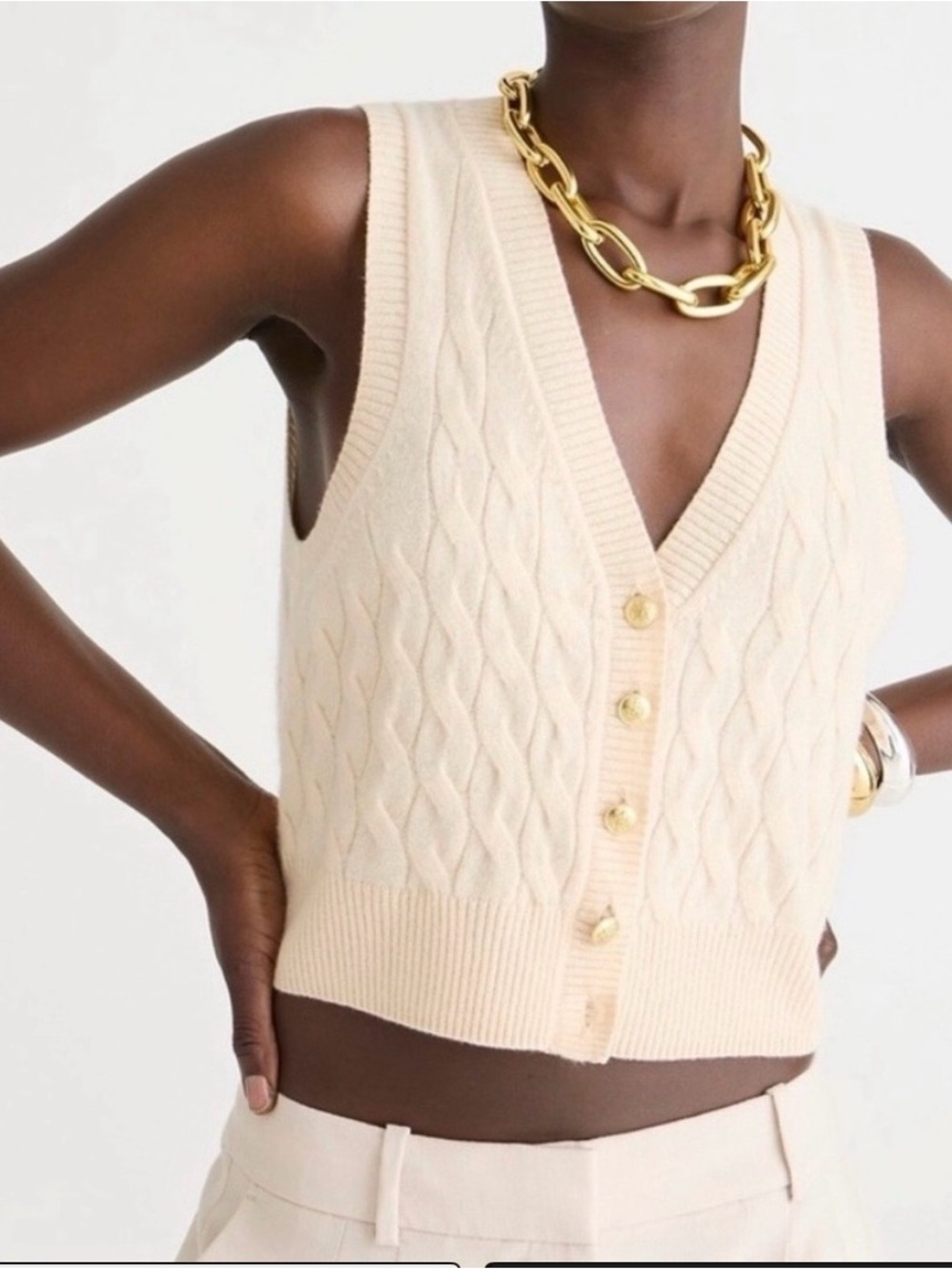 J. Crew cashmere cable knit vest in cream - Picture 2 of 6